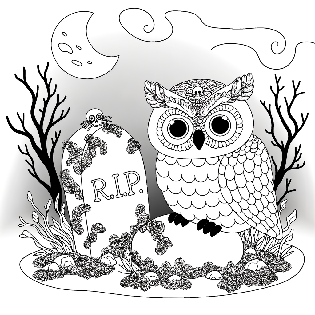 Coloriage Hibou Halloweenien sur Tombe gratuit à imprimer