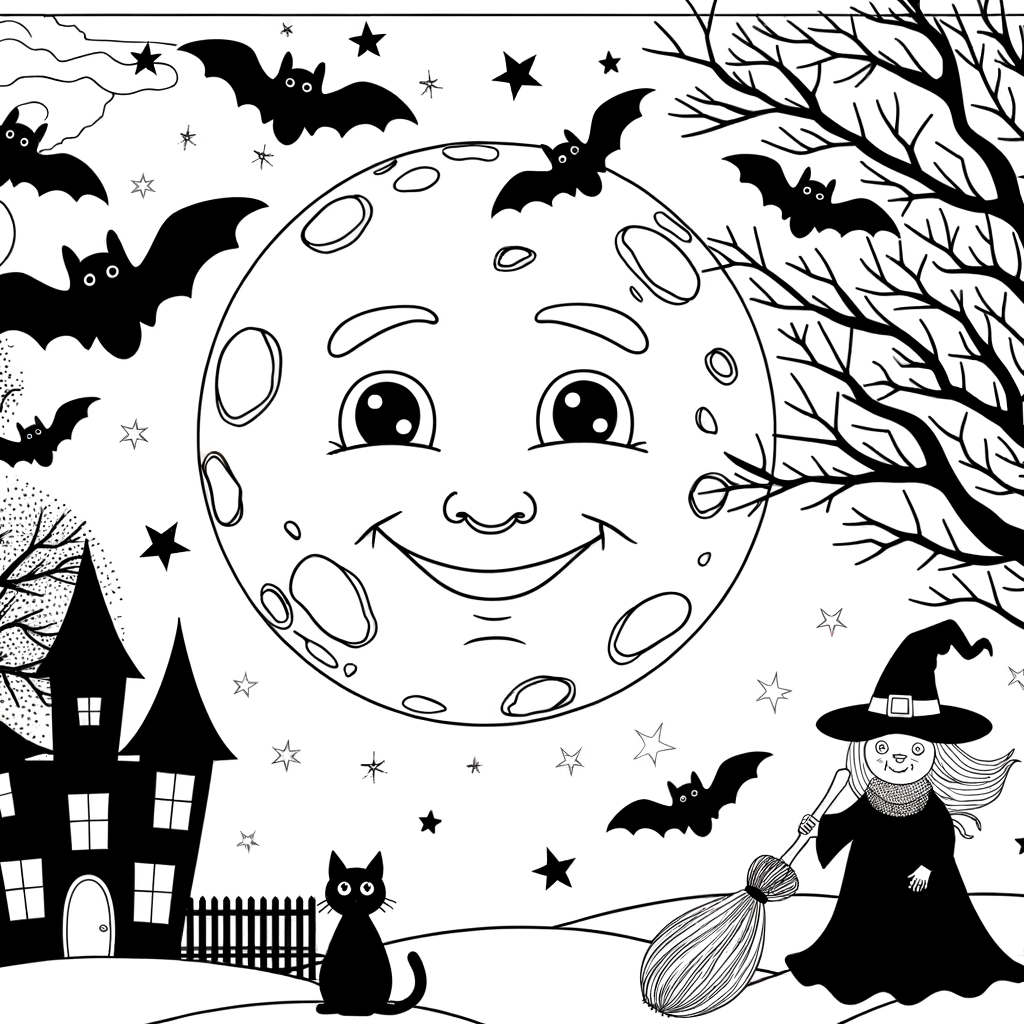 Coloriage Nuit de Pleine Lune Halloween gratuit à imprimer