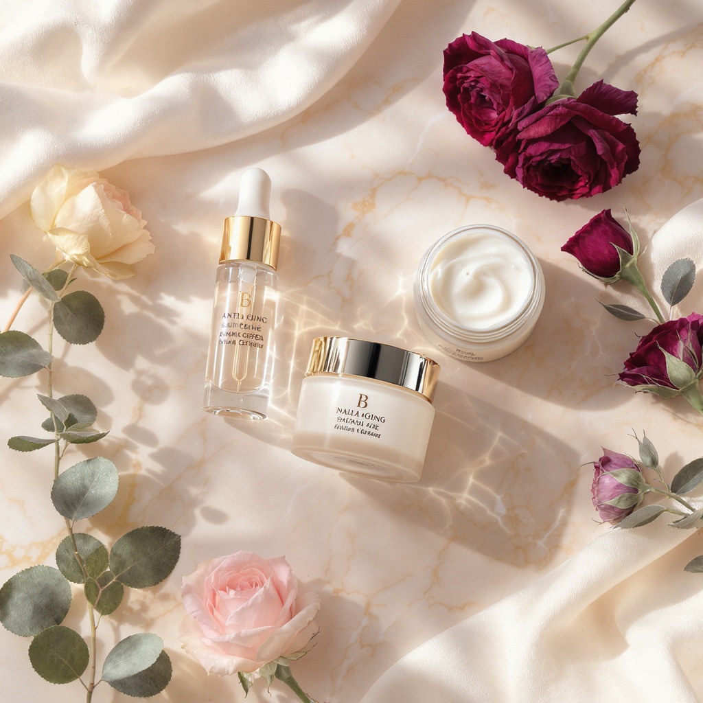 VelvetAge anti-aging skincare collection — serum, cream, and nail serum on marble