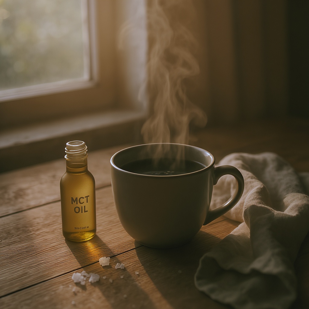 Morning wellness ritual — bone broth, MCT oil, quiet recovery