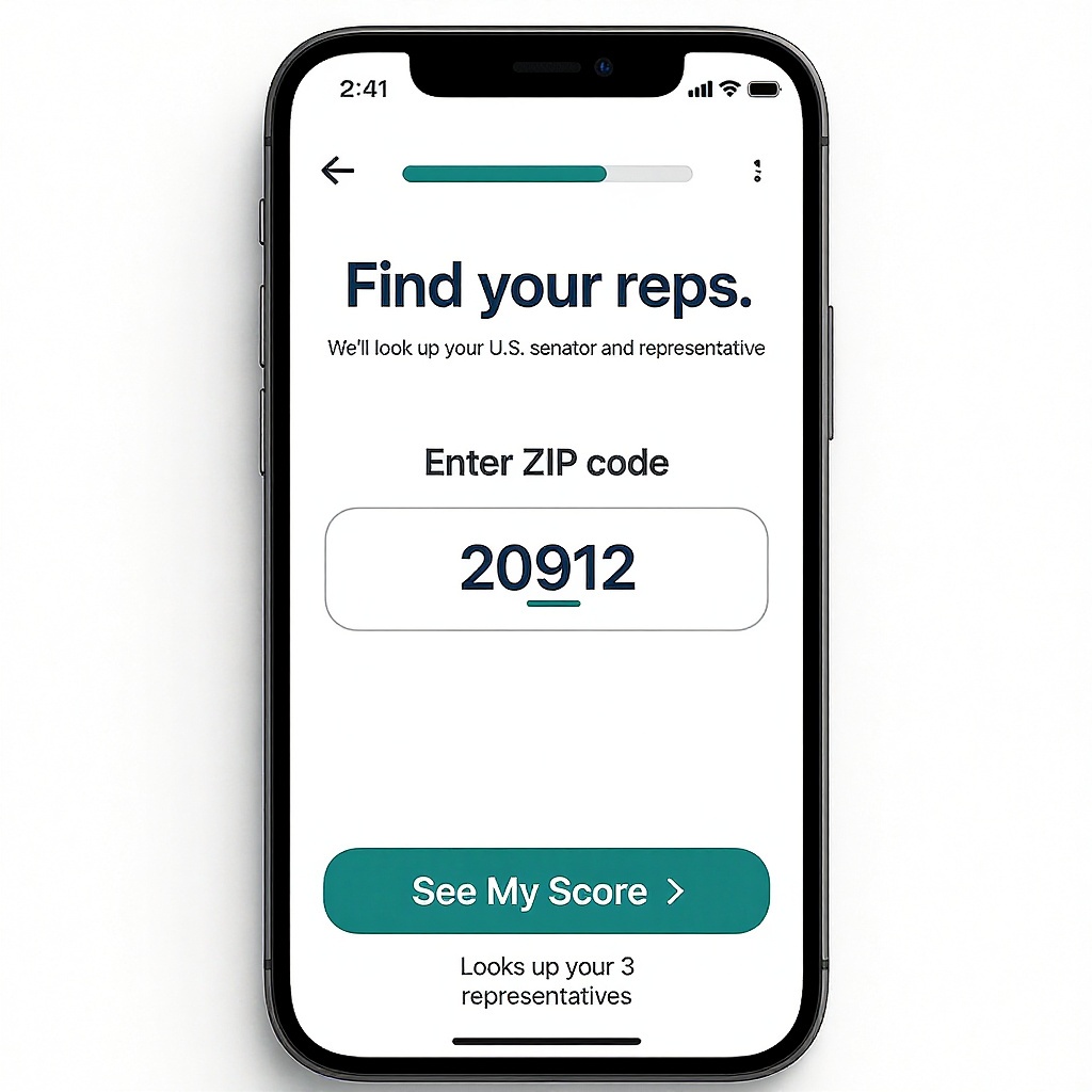 ZIP code entry screen — enter your ZIP to find your representatives