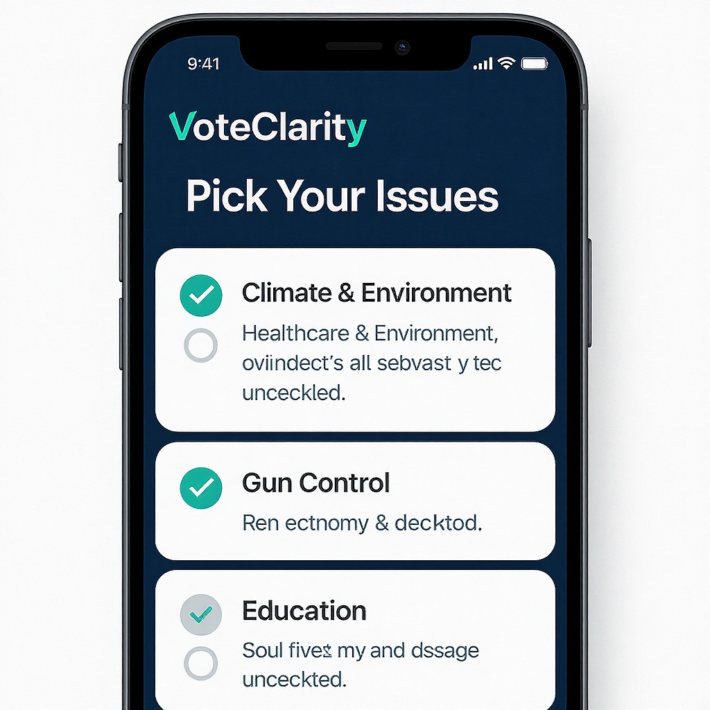 Issue Picker screen — select Climate, Healthcare, Gun Control and more