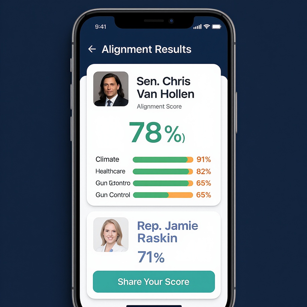 Alignment results screen — per-rep scores with issue-by-issue breakdown