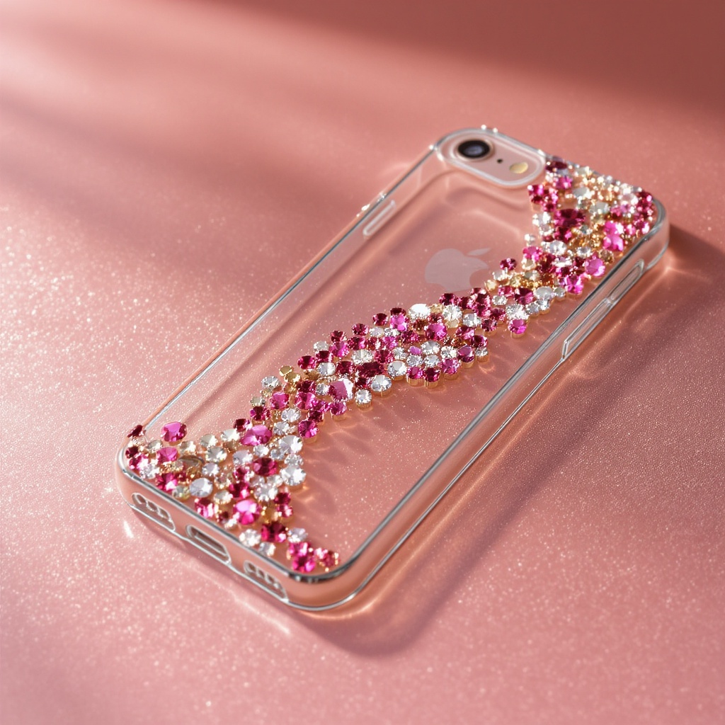 SparkleKit rhinestone craft bundle contents — colorful rhinestones, bedazzled phone case, applicator tools on pastel surface