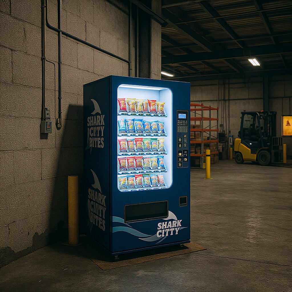 Shark City Bites vending machine in the Zanker Road Industrial Park, San Jose
