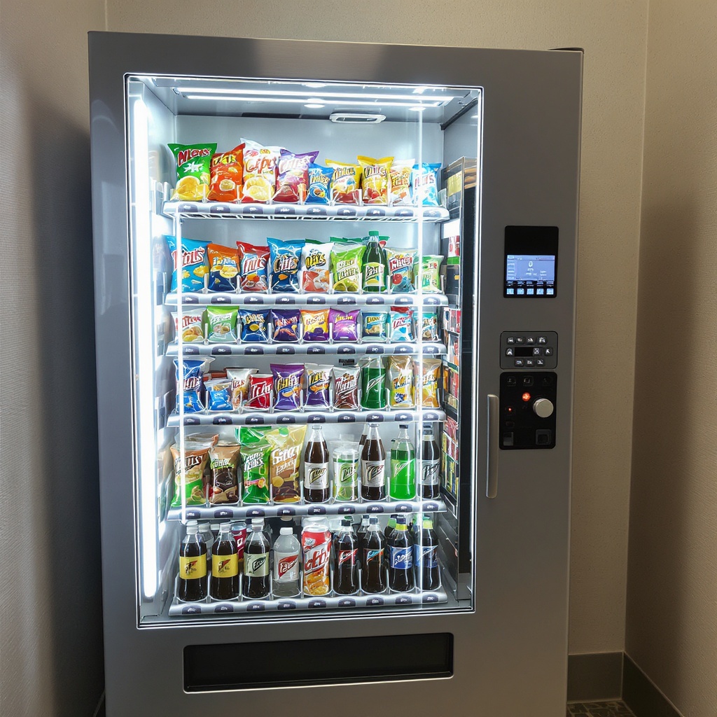Fully stocked vending machine with snacks, drinks, and energy bars