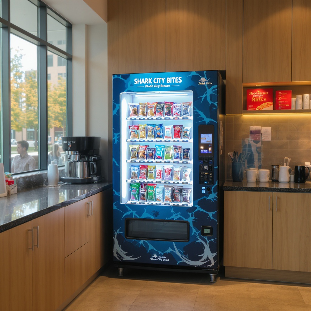 Shark City Bites vending machine in the De Anza Business Center, Cupertino
