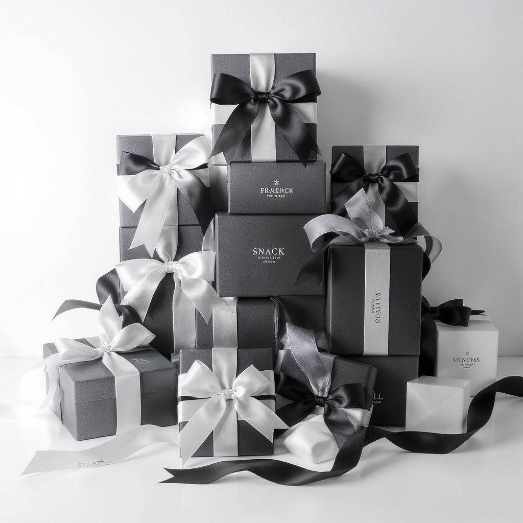 Stacked corporate snack gift boxes with branded ribbons