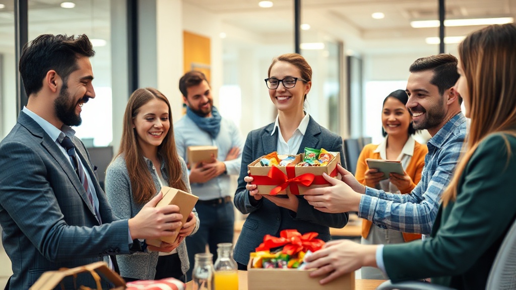 Corporate team members opening snack gift boxes