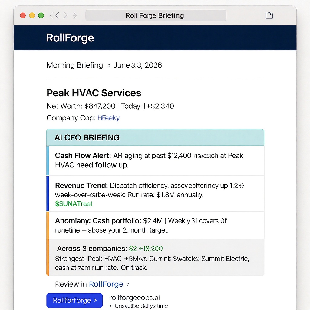 Full sample RollForge daily briefing email — net worth, AI insights, and portfolio overview