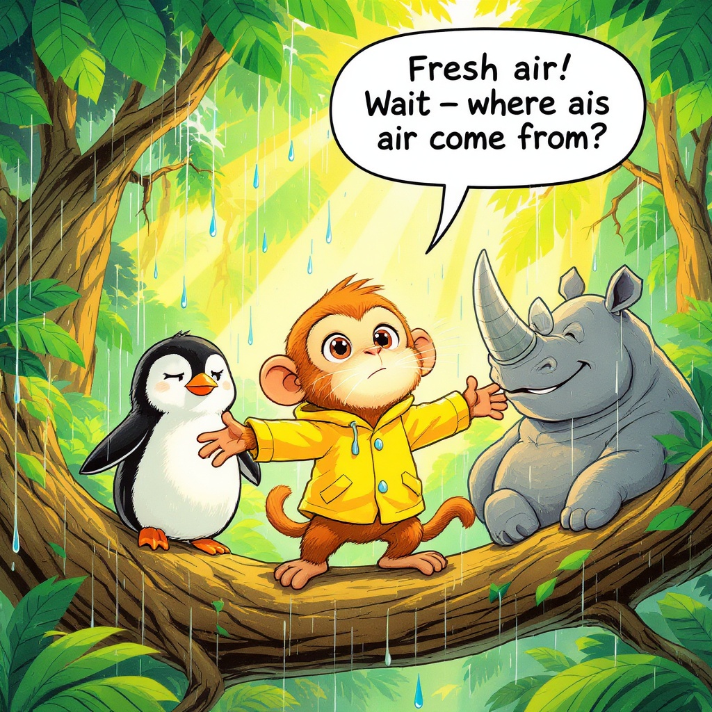 Zip takes a deep breath in the rainforest canopy, wondering where air comes from