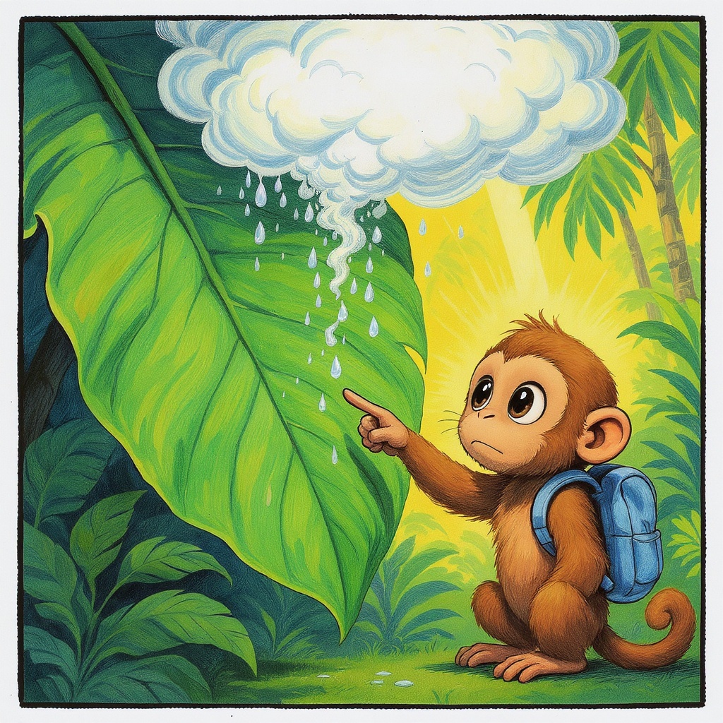 Zip points at a giant tropical leaf where water droplets visibly rise as misty vapor toward white clouds forming above the treetops.