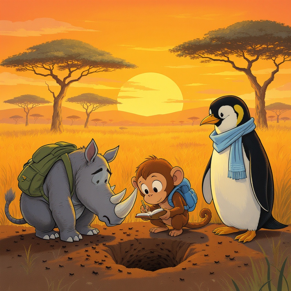 Pointy the rhinoceros stands on the African savanna at dawn, snout raised high, sniffing the air with total excitement. Vast golden grasslands stretch behind him with acacia trees silhouetted against an orange sunrise.