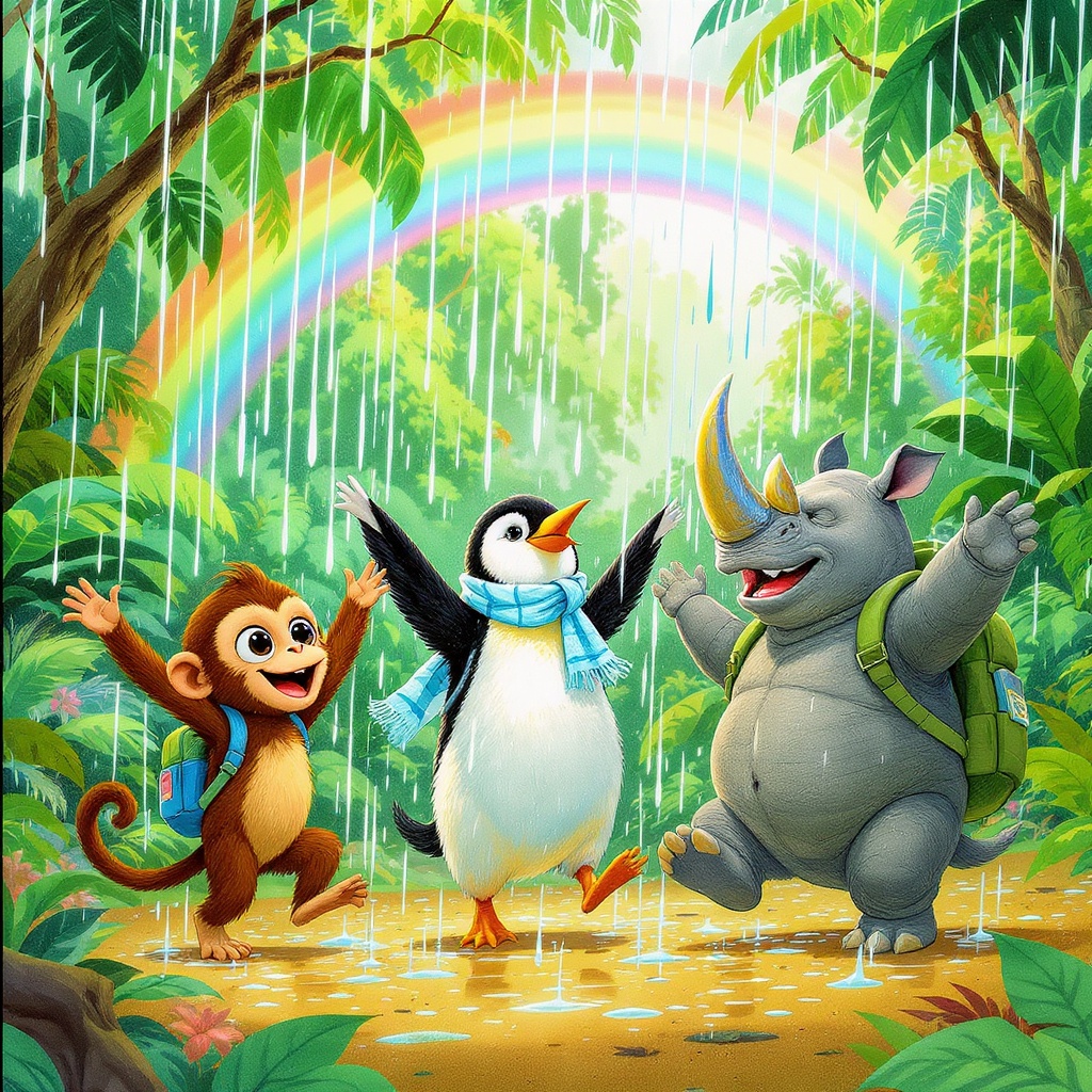 All three characters — Zip, Frost, and Pointy — dance joyfully in tropical rain, arms spread wide, catching raindrops. Rainbow in the misty distance.