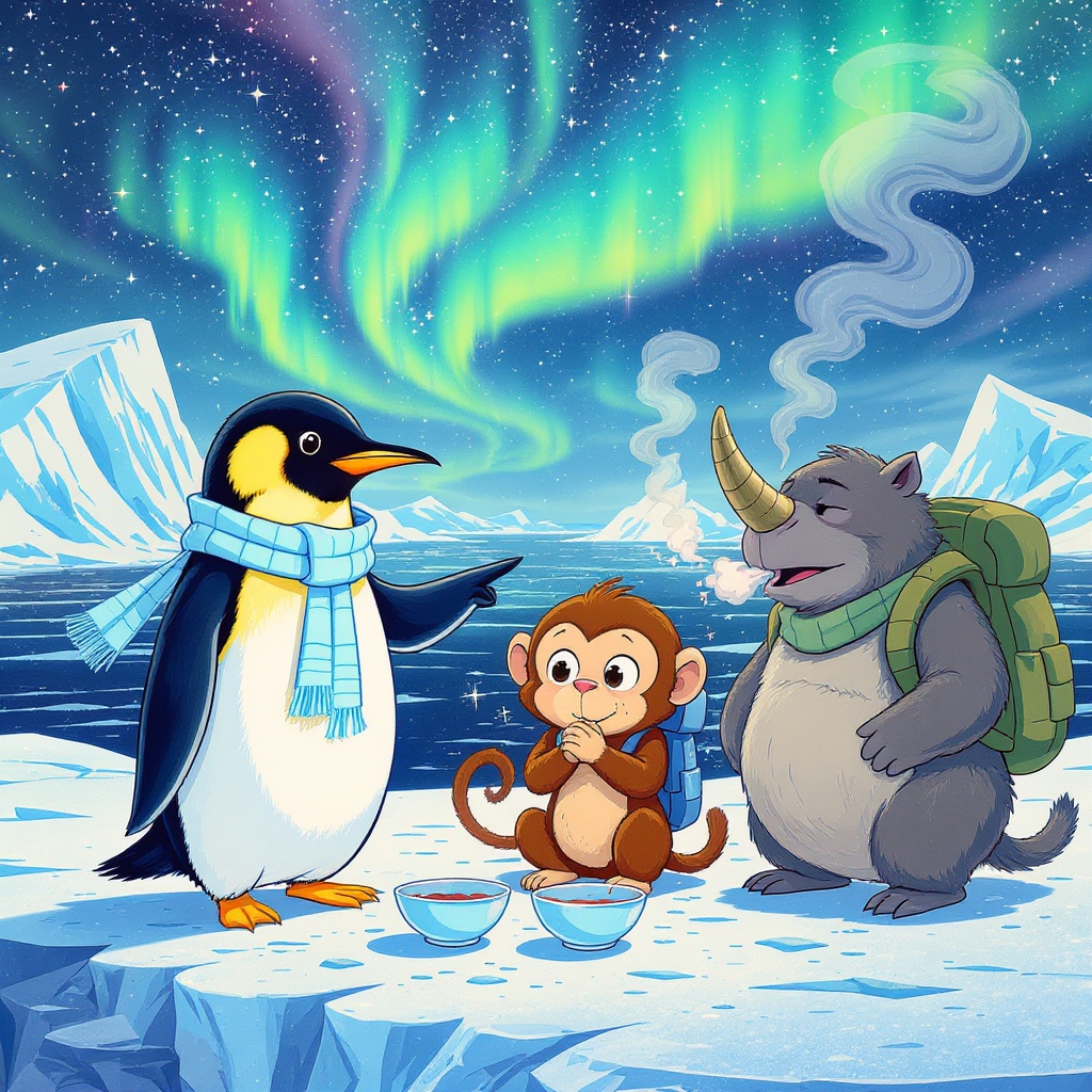 Frost stands alone on a vast Antarctic ice shelf under the aurora borealis. A jagged crack in the ice runs beneath his feet. He stares down at it with a worried, puzzled expression.