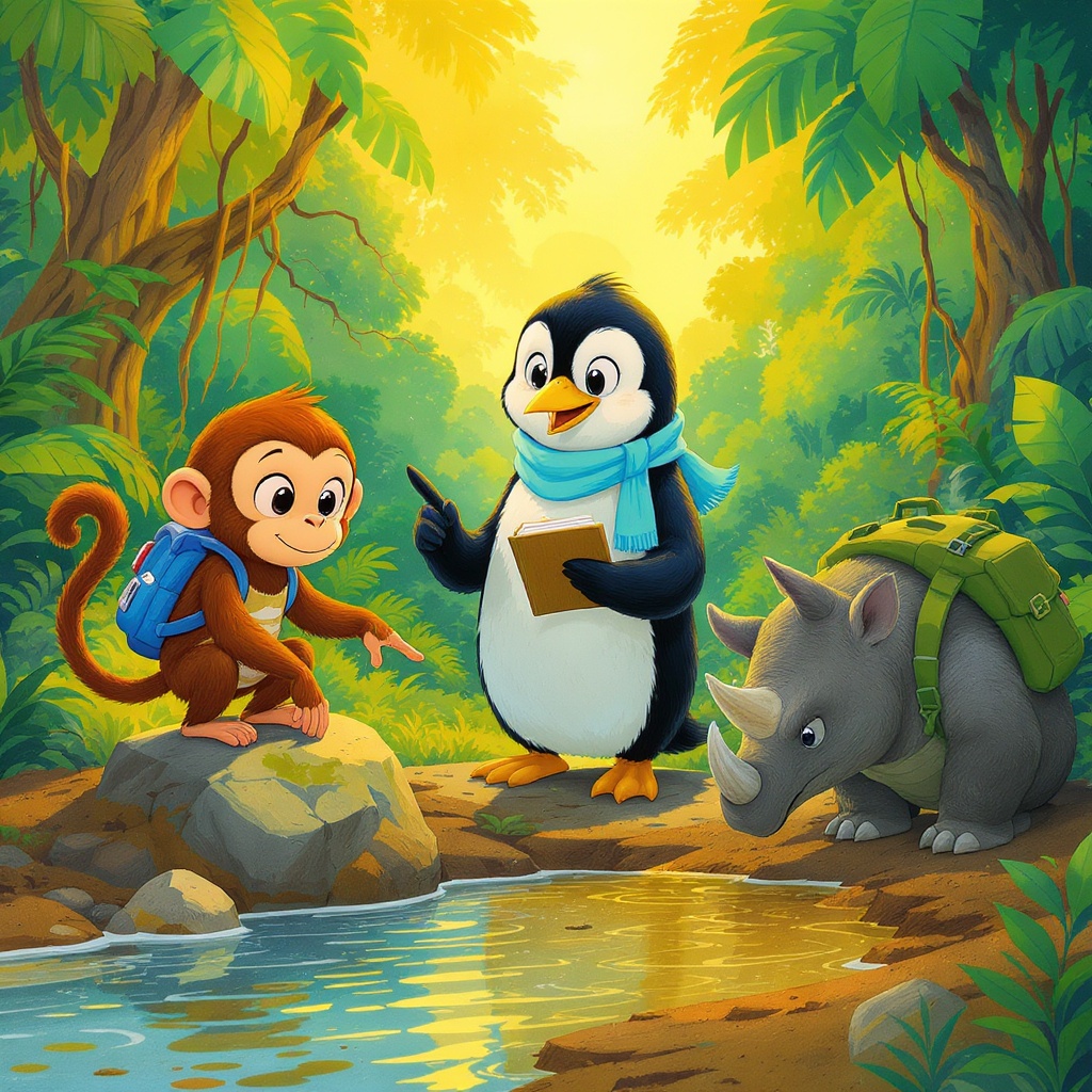 Zip the capuchin stands on a rock at the edge of a rainforest pond that is half-empty, gesturing with both arms toward the low water line. Frost the penguin holds a notepad and looks analytically at the exposed muddy banks. Pointy the rhinoceros sniffs the muddy pond edge with his long snout. A clearly marked "old water line" is visible on the pond rocks. Simple geometric trees and bushes in background. Coral-colored marked stick shows pond level.
