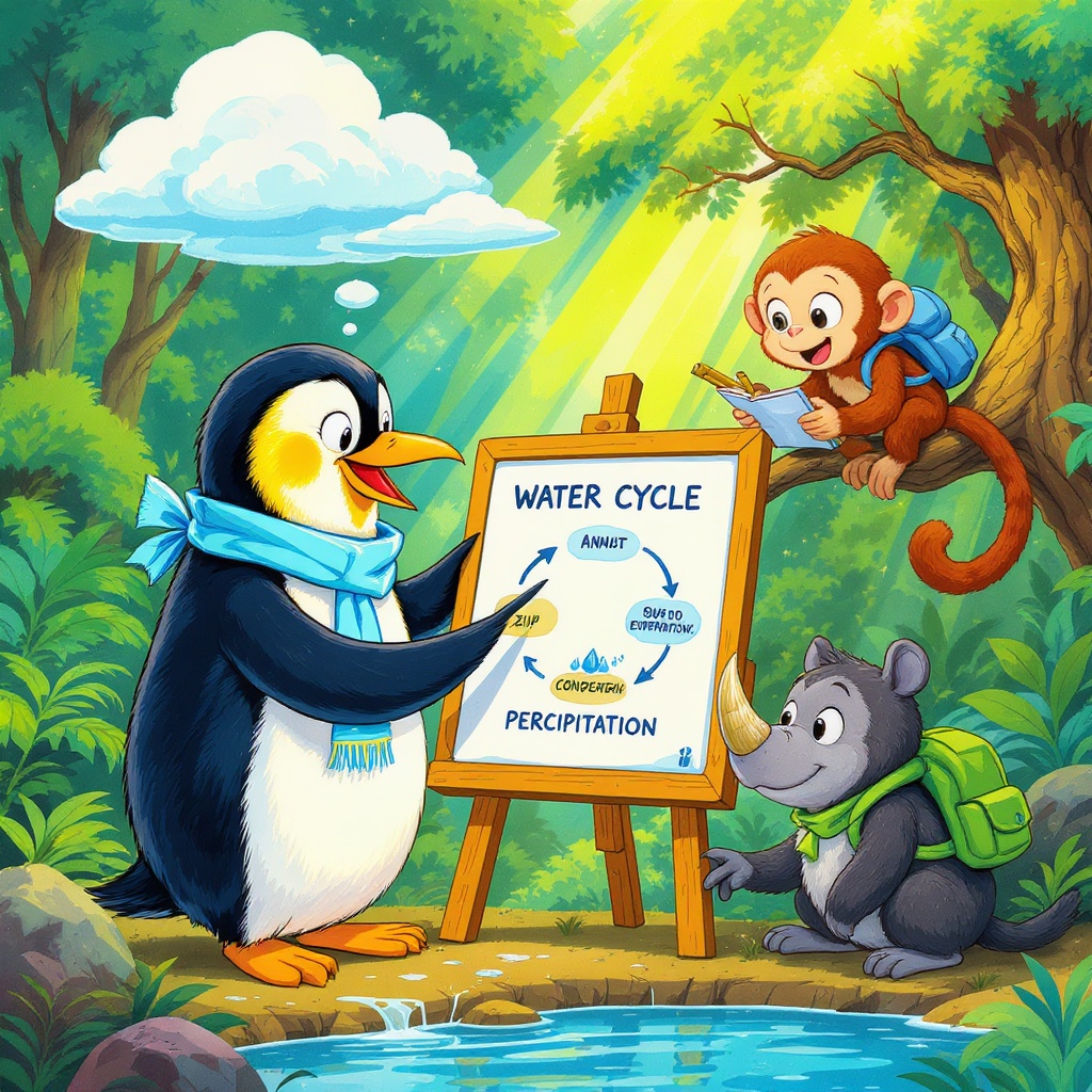 Frost the penguin stands on a rock in the rainforest center, one flipper pointing confidently up at fluffy white cumulus clouds in a blue sky. Zip the capuchin swings in on a vine from the left looking up with amazement. Pointy the rhinoceros stands to the right, snout pointed up at the sky in wonder. A full pond in the foreground. Puffy white clouds fill the sky. Speech bubbles: Frost says "I watched the clouds and figured it out." Zip says "Wait — clouds come from our POND?!" Pointy says "That's the longest path I have ever heard."