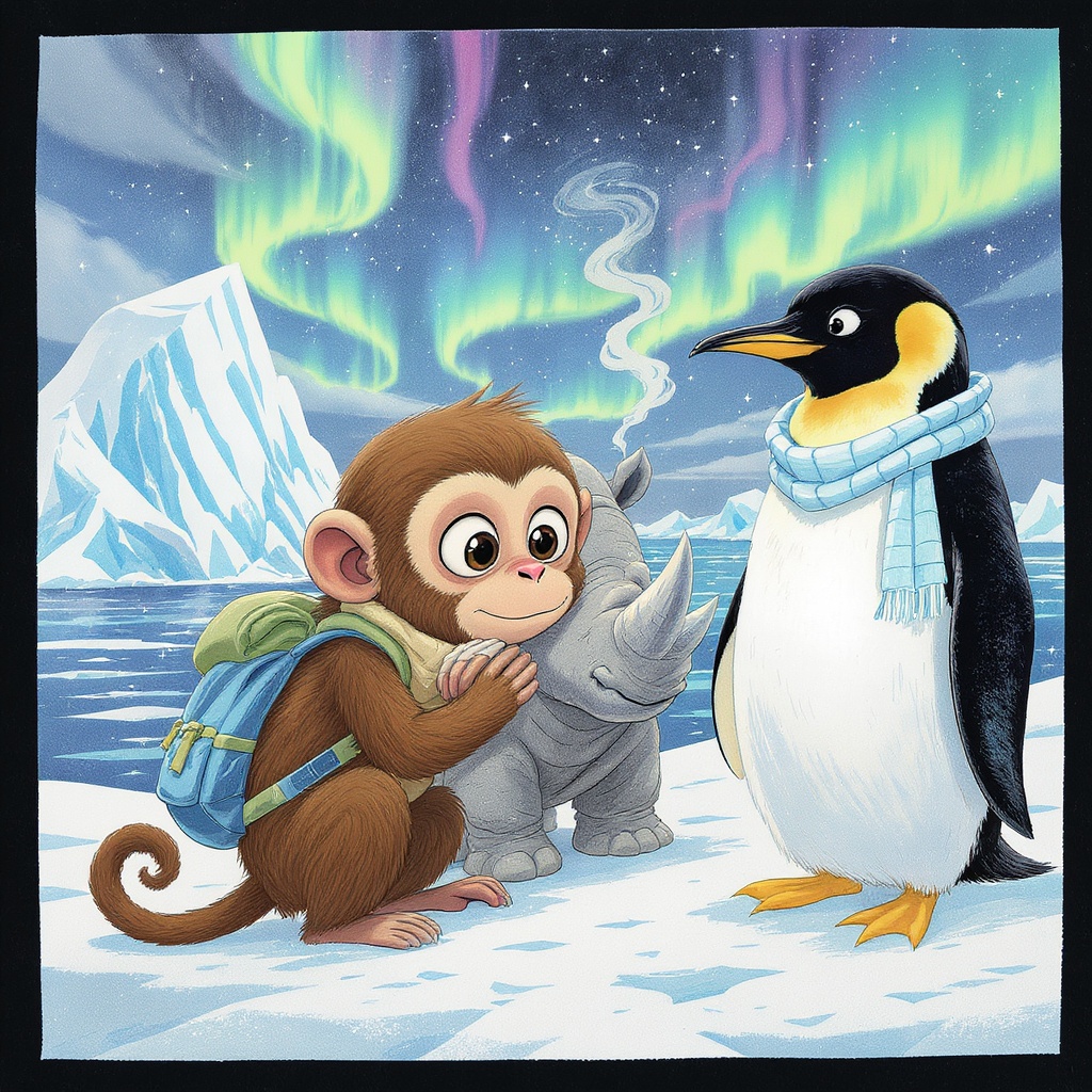 Zip and Pointy arrive at Antarctica shivering comically in the cold. Zip hugs himself with chattering teeth, Pointy's long snout quivers and his breath makes clouds of steam.