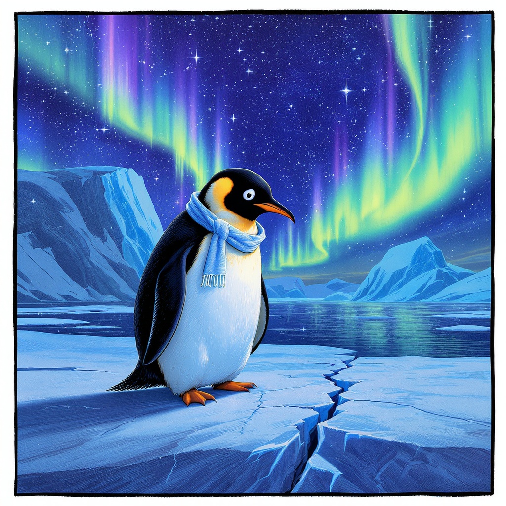 Frost stands alone on a vast Antarctic ice shelf under the aurora borealis. A jagged crack in the ice runs beneath his feet. He stares down at it with a worried, puzzled expression.