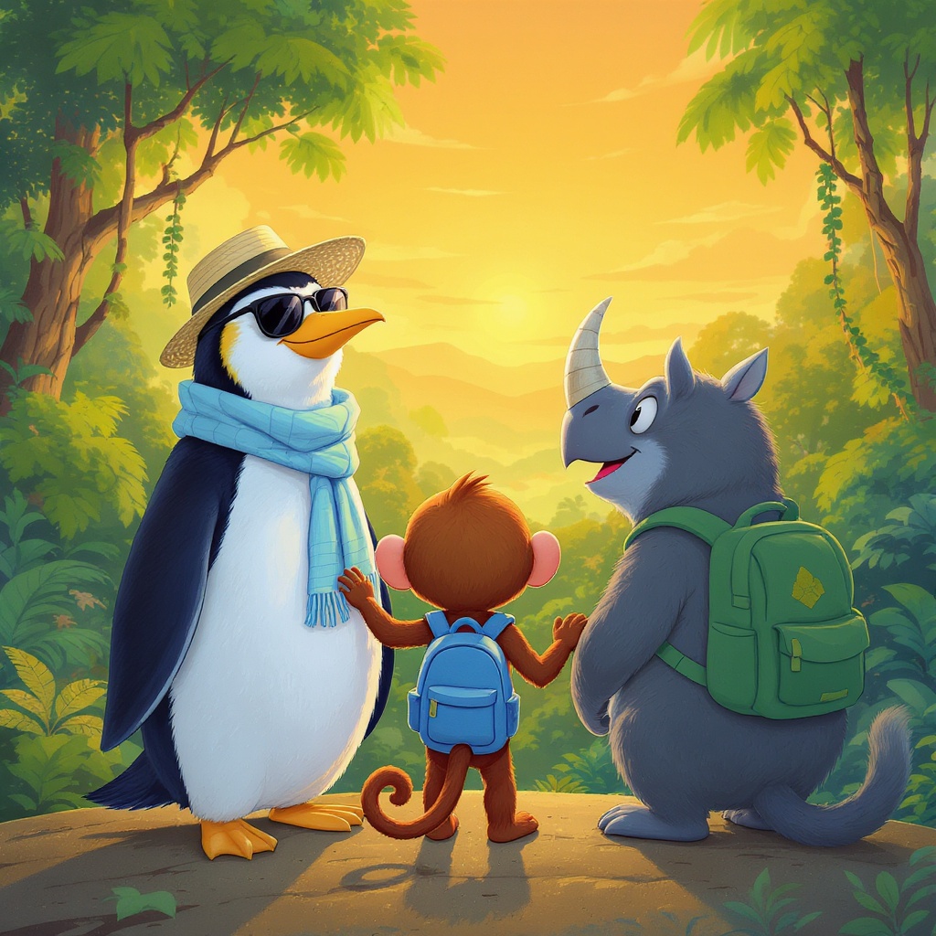 Frost the penguin steps off a small biplane onto a jungle airstrip surrounded by impossibly dense green rainforest. He fans himself with one flipper, mouth open from the heat, sweat droplets flying. Zip grins and gestures 'Welcome!'