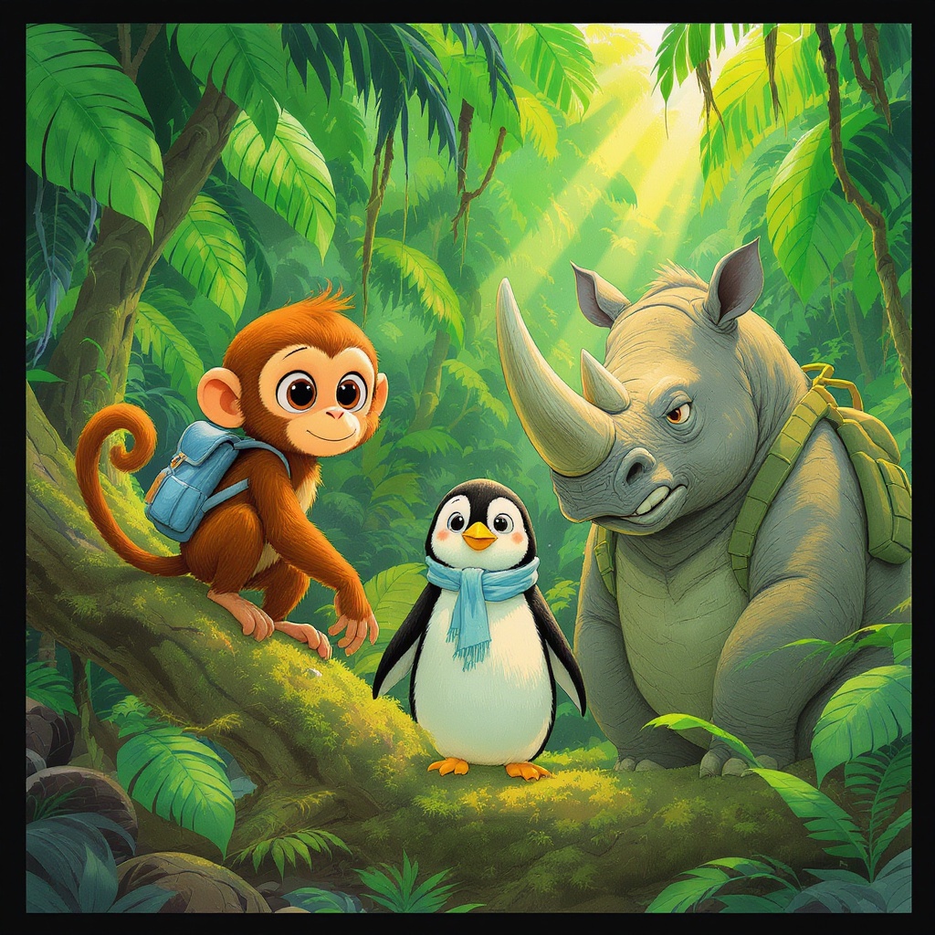 Zip stands on a branch pointing downward at Frost and Pointy on the forest floor below, surrounded by enormous tropical ferns.