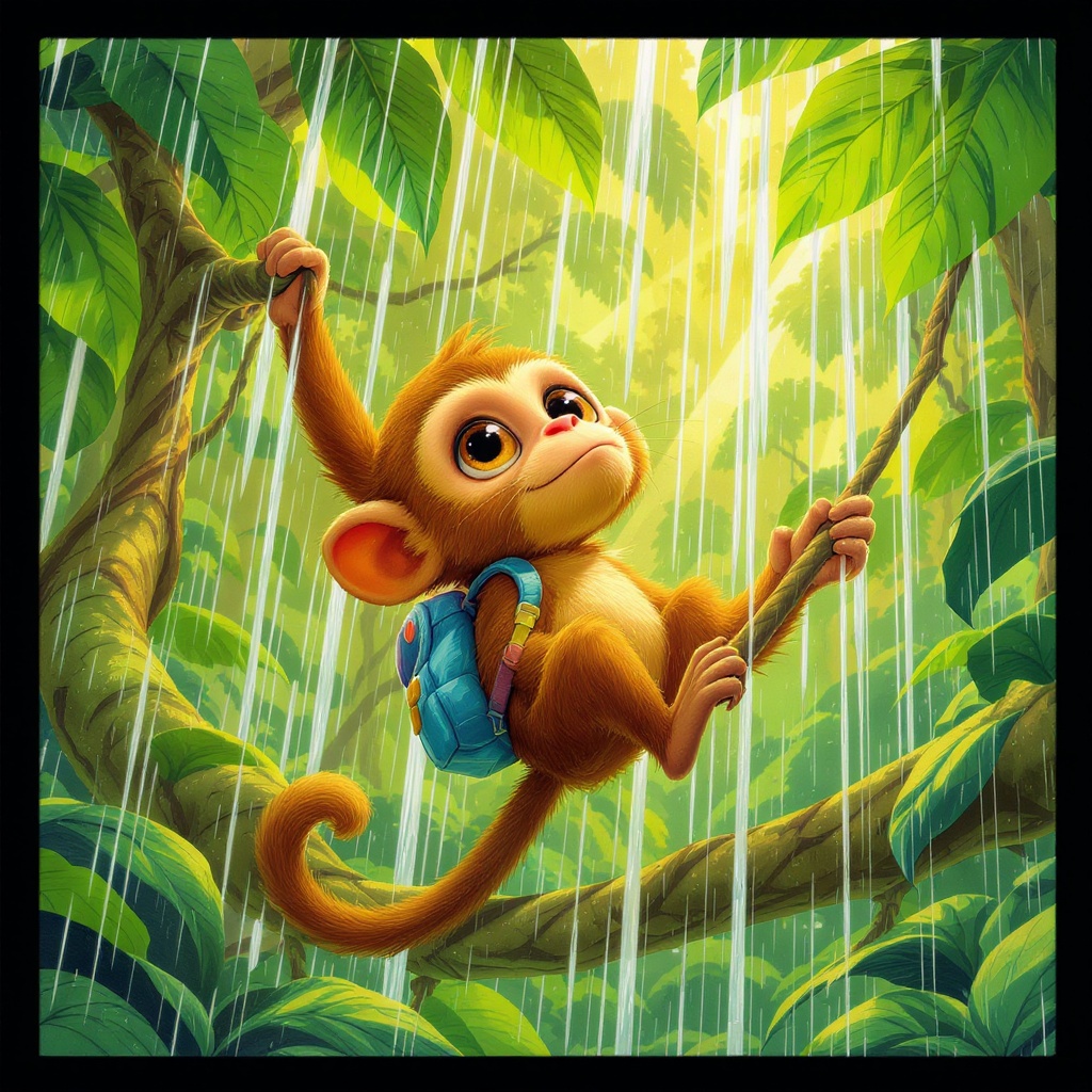 Zip swings on a vine in the lush rainforest canopy as tropical rain pours down around him. He stares up at the sky with huge wide eyes.