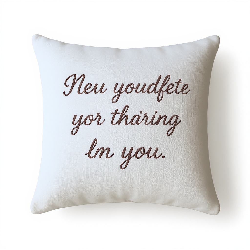 Cream embroidered message pillow with elegant cursive text on natural fabric