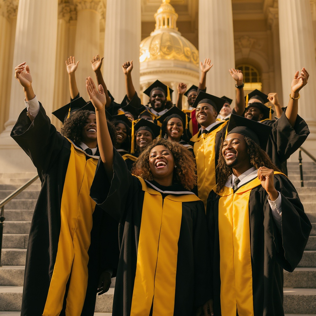 Diverse group of HBCU students celebrating graduation on a historic university campus