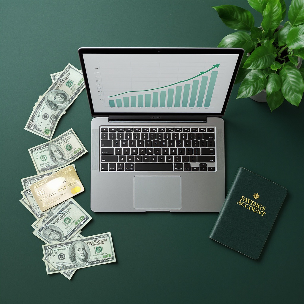 Personal finance success — laptop with wealth growth chart, cash, credit card, savings passbook