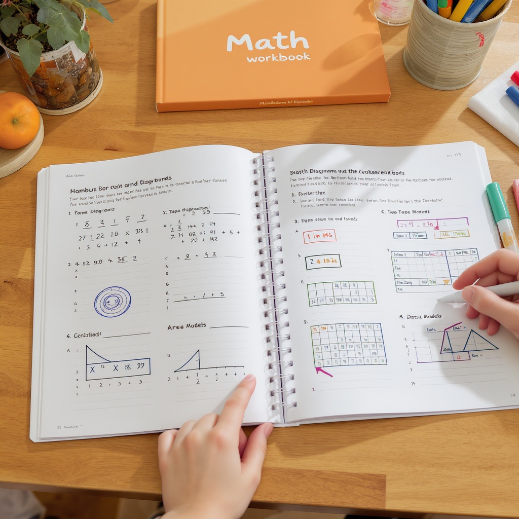 Modern Math Homework Guide workbook open on a kitchen table