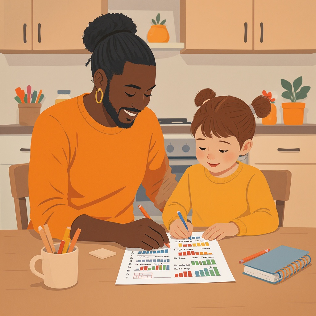 Parent and child working on math together at a kitchen table