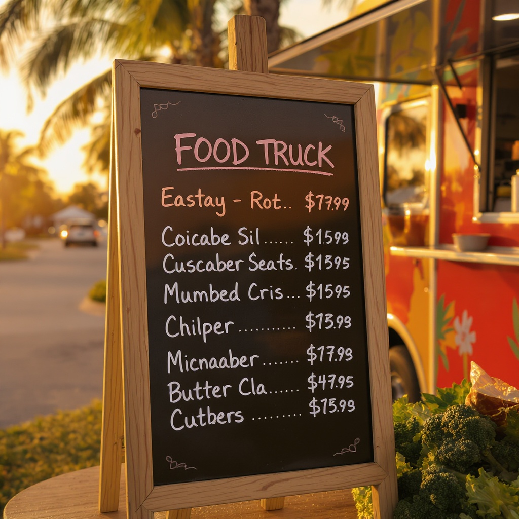 Food truck menu board with prices at golden hour