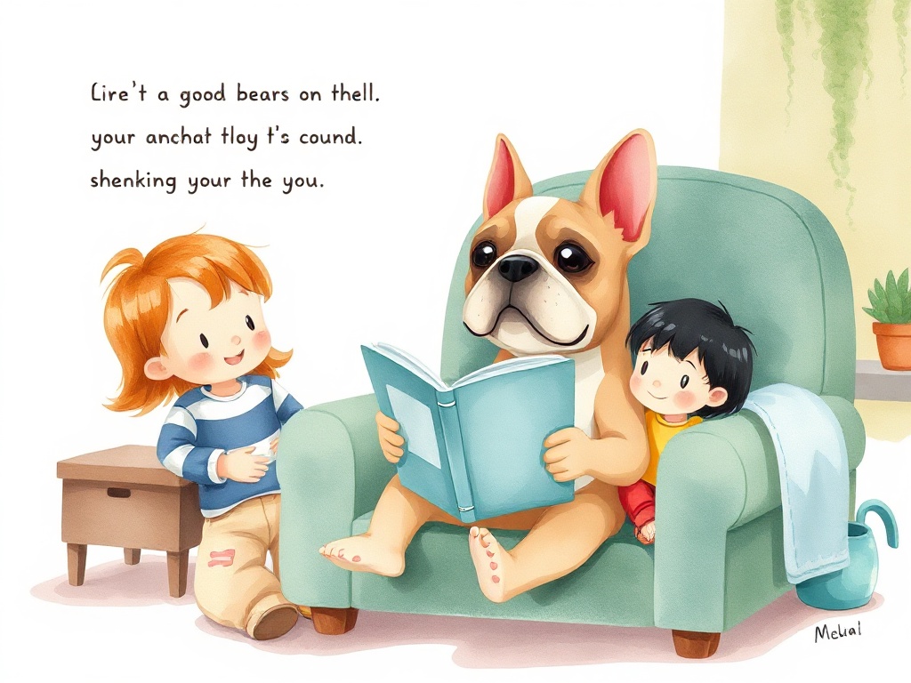 A cartoon French bulldog reading with two children in a cozy armchair