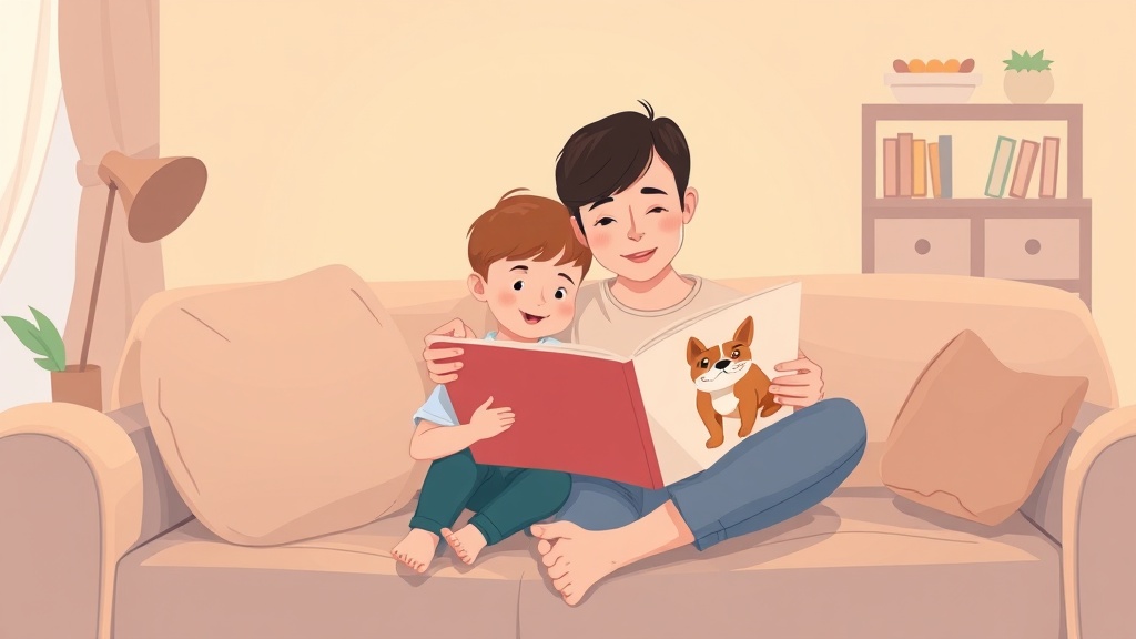 Parent and child reading together on a couch, cozy bedtime scene