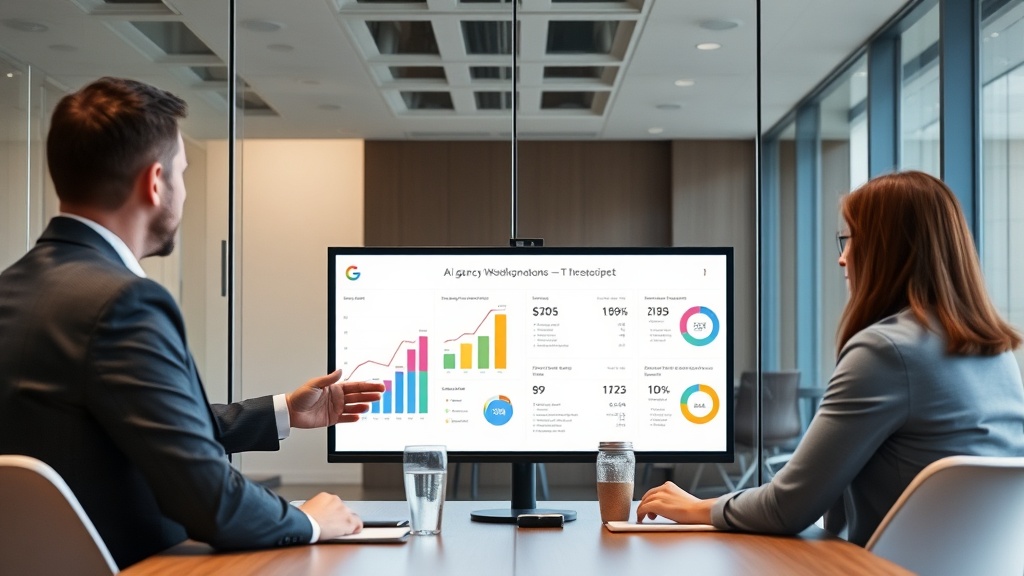 Business professional presenting AI agency growth strategy with revenue charts and client acquisition funnel