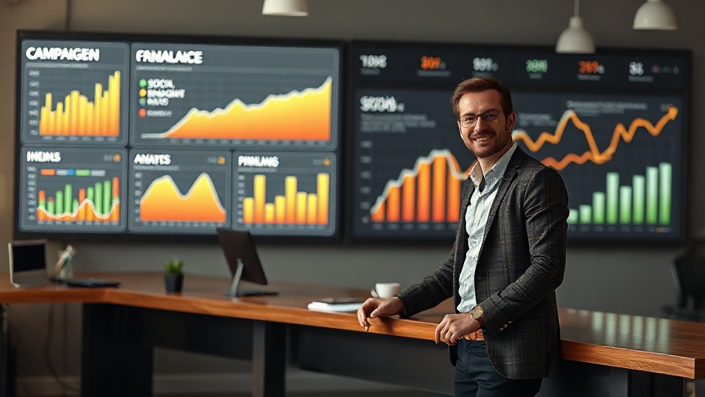 Marketing strategist presenting AI agency growth plan on analytics dashboards showing campaign performance