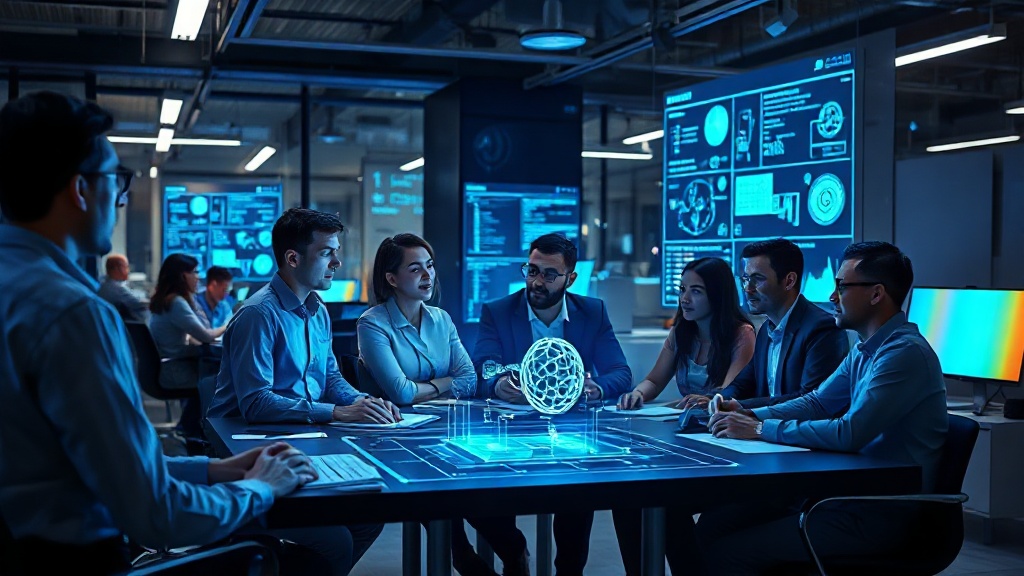 AI agency team collaborating on machine learning project in modern tech office