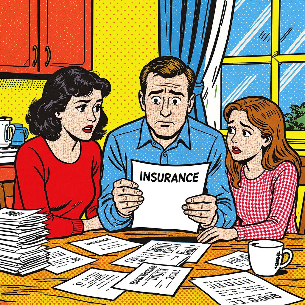 Roy Lichtenstein pop art illustration of a family at a kitchen table reviewing insurance paperwork together