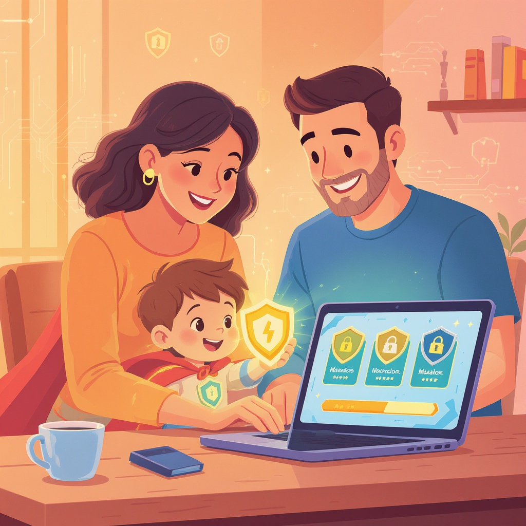 Parent and child completing a cybersecurity mission together