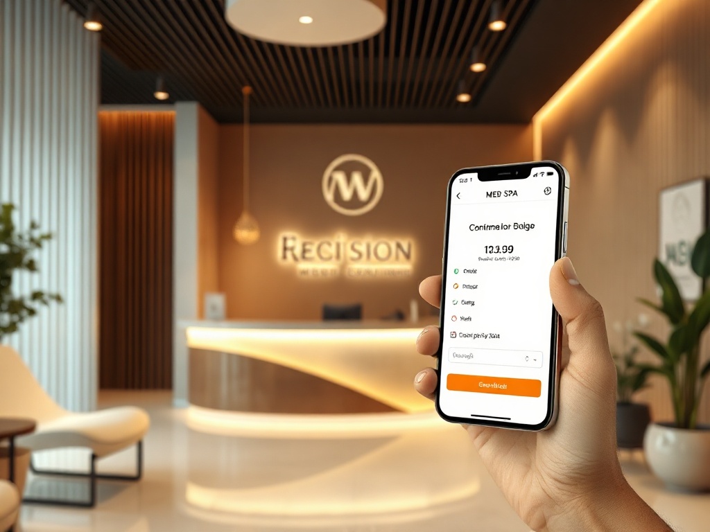 Modern med spa reception with booking confirmation on smartphone