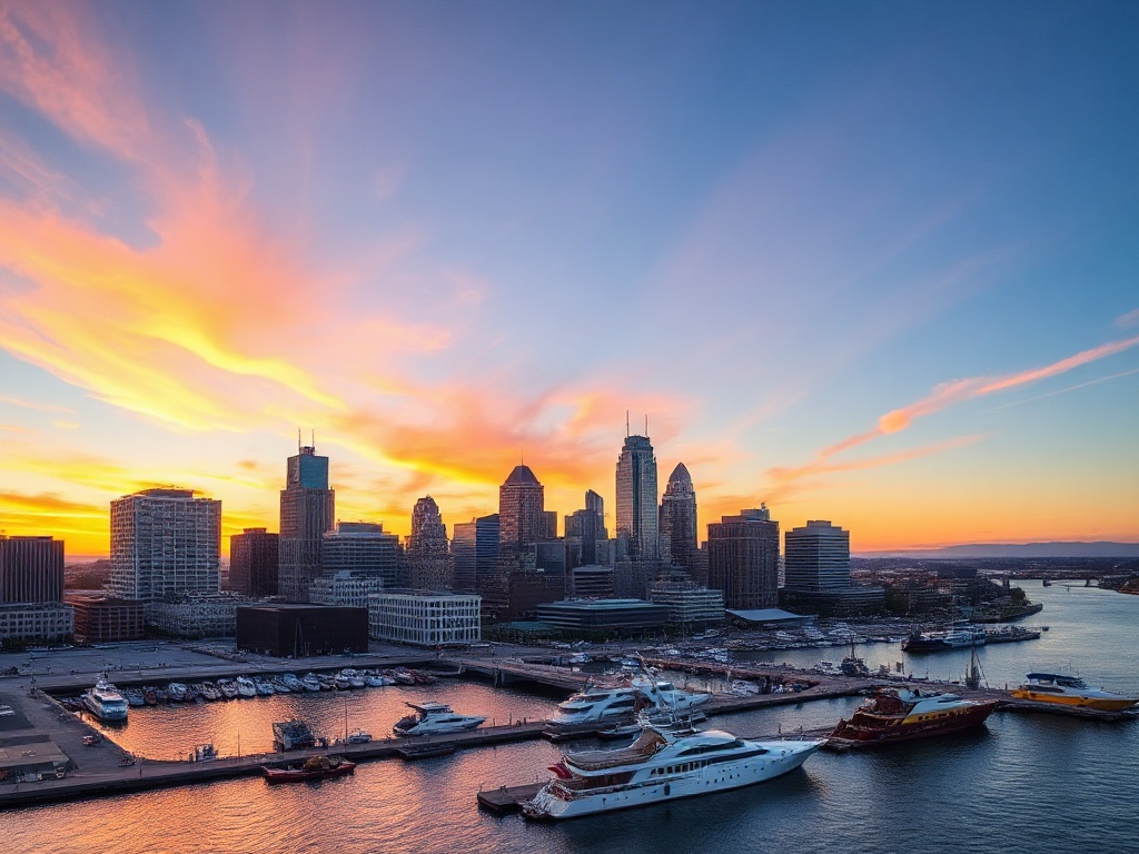 Baltimore Inner Harbor skyline at sunset with waterfront and downtown buildings