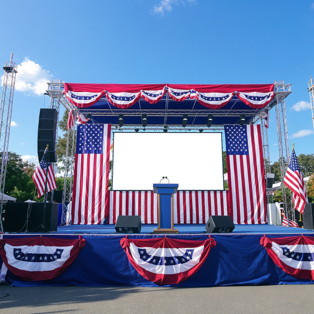 Political campaign rally stage with American flags and crowd