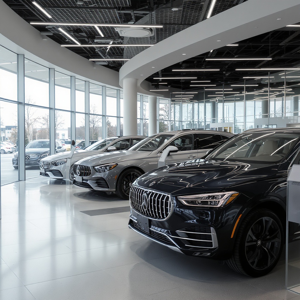 Modern car dealership showroom with luxury vehicles
