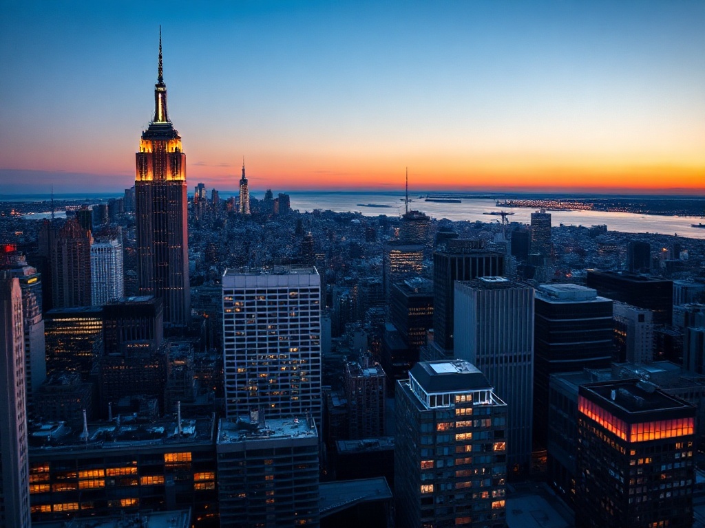 New York City Manhattan skyline at dusk with the Empire State Building