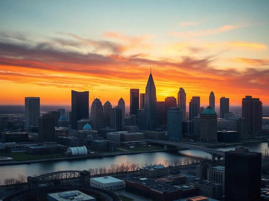 Detroit skyline at sunset with Renaissance Center and the Detroit River