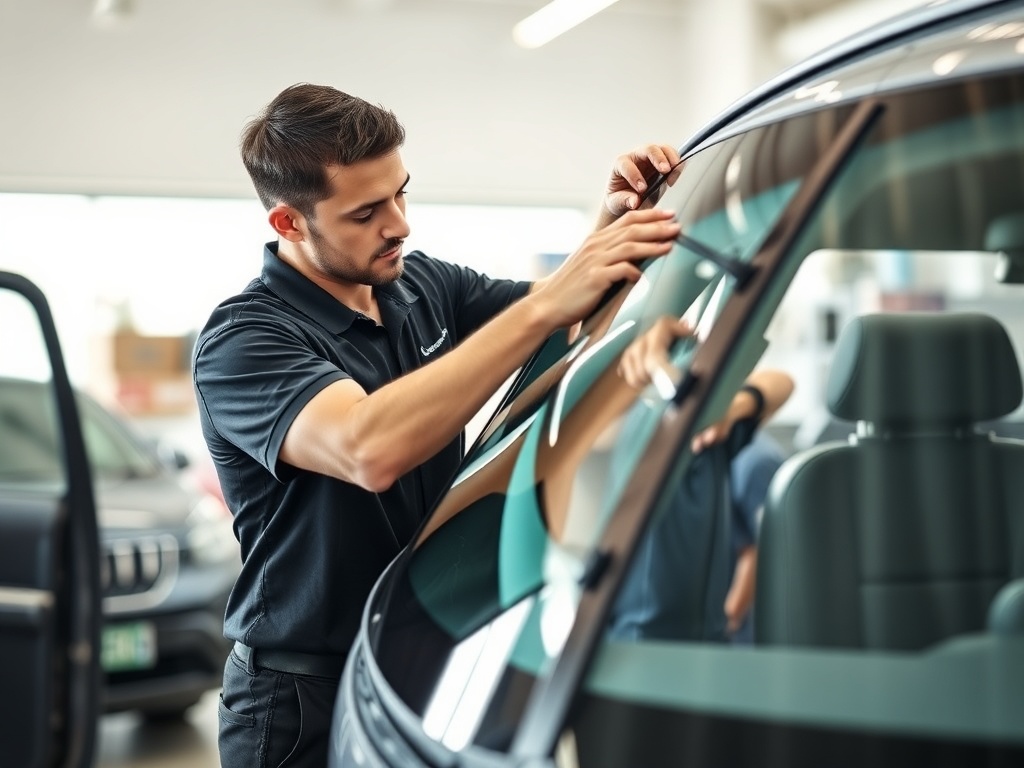 AI technician installing windshield with suction cups