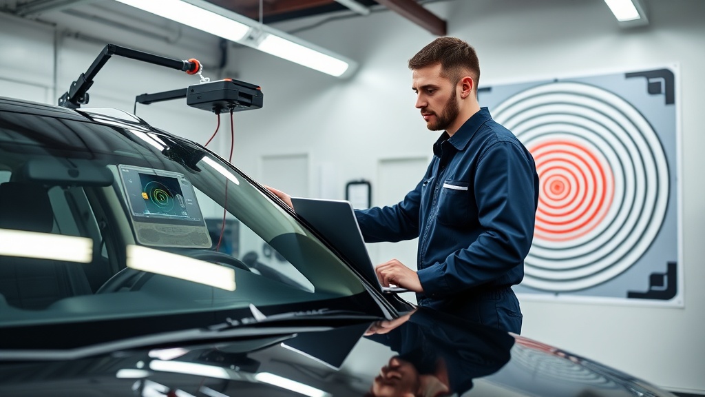 ADAS calibration system in use at Legendary Auto Glass — certified shop with calibration target boards, Colonial Heights VA