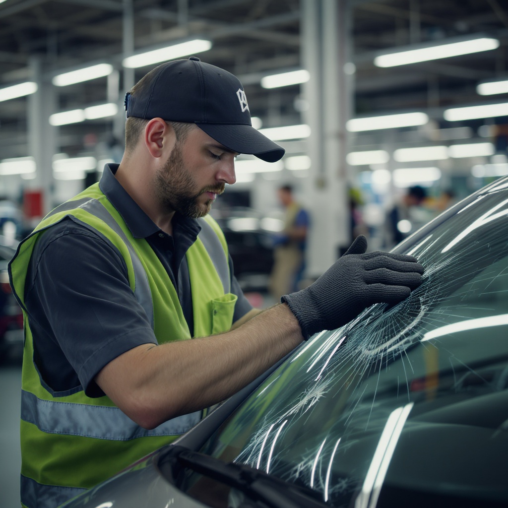 Legendary Auto Glass technician inspecting windshield damage under LED lighting — professional repair and replacement in Colonial Heights VA
