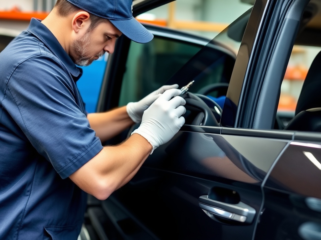 AI technician removing door panel glass