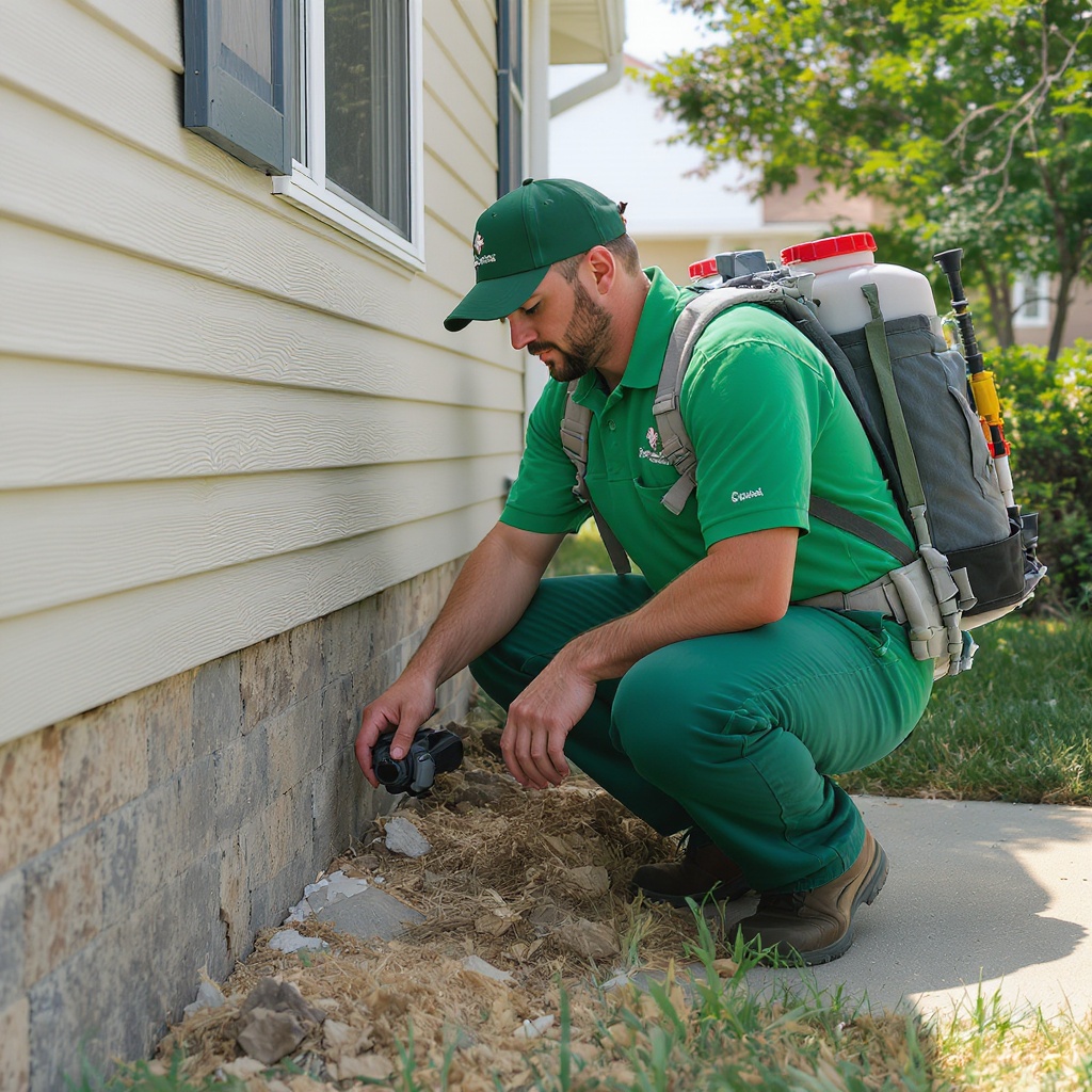 GreenShield Pest Solutions technician inspecting residential exterior with backpack sprayer